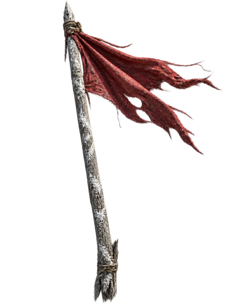 Tiang penanda berkerak garam dengan bendera merah robek yang berkibar.
