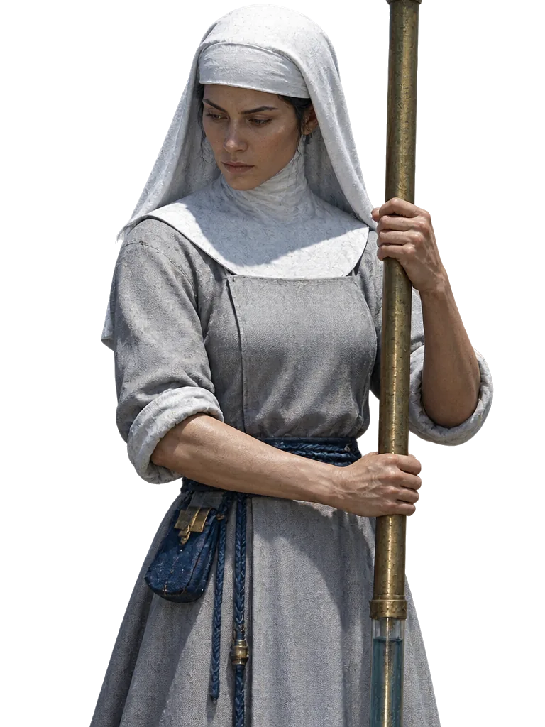 Irmã Celeste, biarawati bertudung putih, memegang tongkat ukur kuningan dan menunduk membaca air.