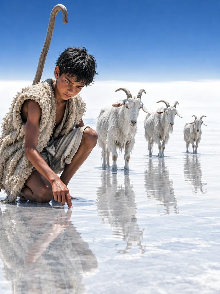 Dodo Arruda, anak gembala, berjongkok menyentuh air dengan dua jari, dan tiga kambing putih berjalan di belakangnya.